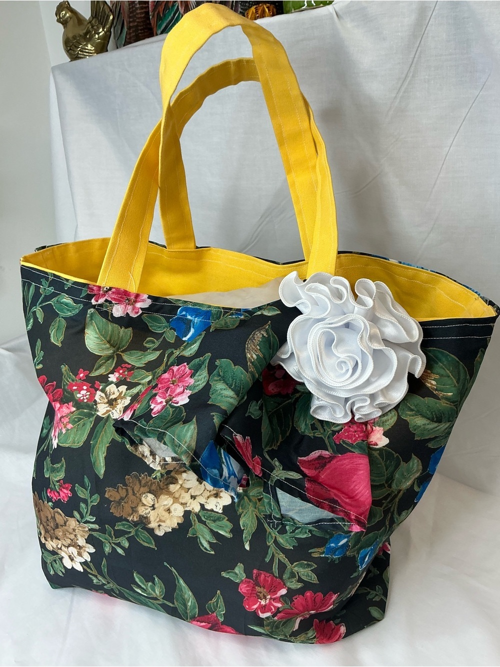 2034 - Handmade Sunny Yellow Canvas Tote with Floral Scarf and Rosette - Picture 9 of 16
